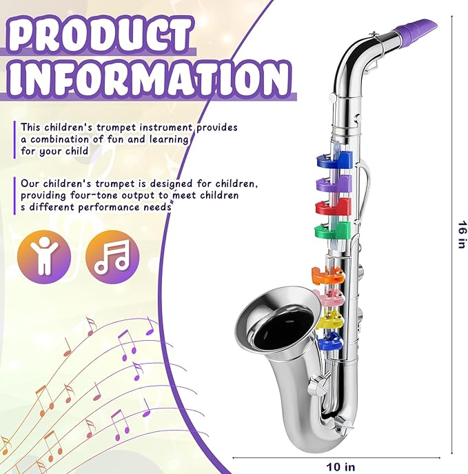 Lewtemi Silver Saxophone Musical Instruments Toy for Kid Toddler Fake Plastic Preschool Music Toy Gift Portable Wind Instrument Early Educational Teaching Songs Toy Gifts for Toddlers Children