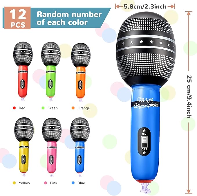 Zhanmai 12 Pieces Inflatable Microphones for Parties 9. 4 Inch Blow up Plastic Fake Microphone Props Toys for Musical Sing Concert Karaoke 80s 90s Party Cosplay Stage Decoration Supplies