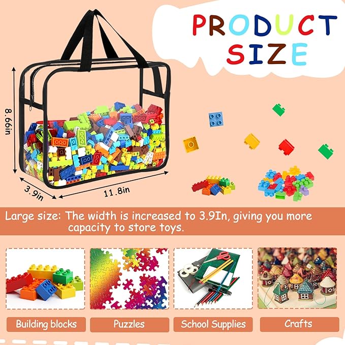 6 Packs Large Toy Storage Bags with Labels, Reusable Clear PVC Board Game Storage, Travel Waterproof Organizer Bags with Zipper for Building Blocks, Puzzle, Kids Books
