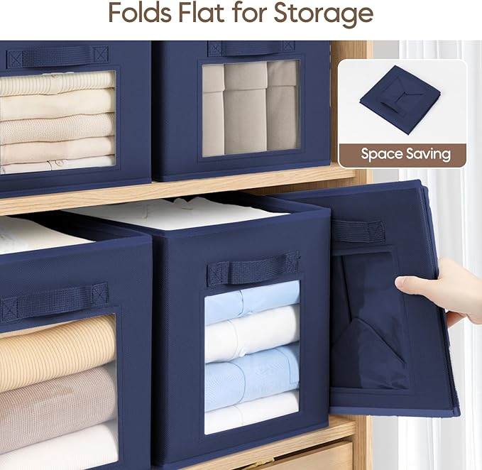 Homsorout Storage Cube 11 Inch - Cube Storage Bins with Window, Closet Storage Baskets with Handle, Fabric Bins for Closet, Shelves, Toys, Clothes, Set of 12, Navy Blue
