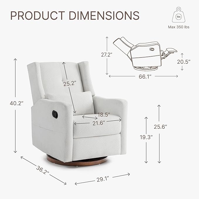 Upholstered Recliner Swivel Glider Nursery Chair Reclining Performance Fabric Rocker with Wood Base,Boucle,Ivory