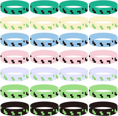 Pixel Party Favors,Miner Birthday Decorations,28 Pieces Glow in the Dark Silicone Bracelets,Birthday Party Supplies for Kids