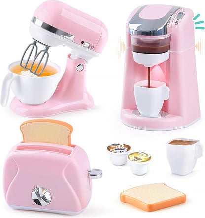 Play Kitchen Appliances Toys - Kids Kitchen Playset Accessories, Pretend Play Toy Sets with Coffee Maker, Mixer, Toaster with Realistic Lights & Sounds, Gifts for Toddler Girls Ages 2 3 4 5 6 7