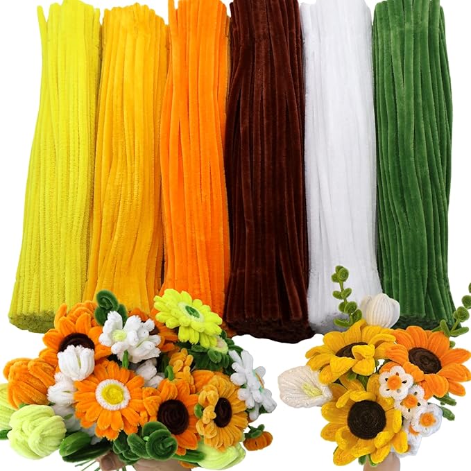 Swpohrat 600 Pcs Thick Craft Pipe Cleaners Bulk 6 Assorted Colors,12 Inch Chenille Stem Pipecleaner Kit for Craft Animals, Flowers Making,Creative DIY Decorations (Sunflower Color)