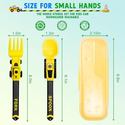 Construction Toddler Utensils - Reusable Plastic Toddler Fork and Spoon & Storage Case - Suitable for Kids Utensils Toys - Used for Toddler Gifts - Birthday Gifts for 1 2 3 4 5 6 7 year old