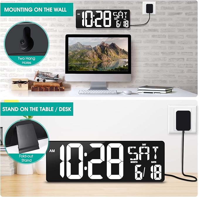 Large Digtal Wall Clock,16.5Inch LED Display Aram Clock with Auto-Dimming,Date,Indoor Temp,UP&Down Timer,12/24H System,Week,for Home Office,Kids, Gym,Classroom,Livingroom. (White)