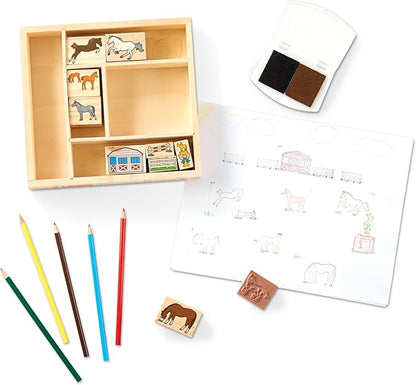 Melissa & Doug Wooden Stamp Activity Set: Horse Stable - 10 Stamps, 5 Colored Pencils, 2-Color Stamp Pad - Horse Stamps With Washable Ink, Horse Gifts For Girls And Boys Ages 4+