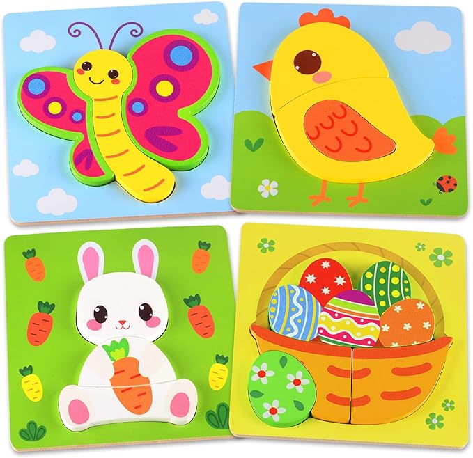 Easter Wooden Puzzles for Toddlers 1-3, Easter Basket Stuffers for Toddler, Easter Gifts for Babies Boys Girls, Easter Toys for 1 2 3 Year Old Learning, Educational Wood Animal Chunky Puzzles