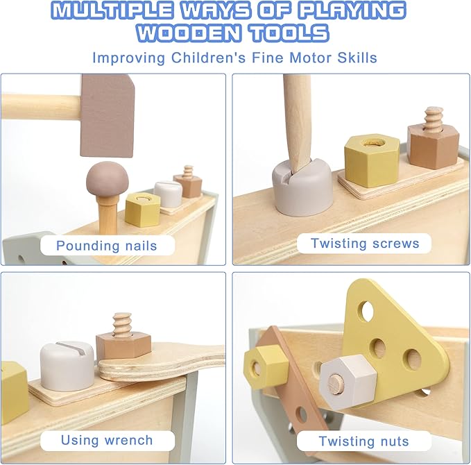 Montessori Wooden Tools Kit Toddler Educational Construction Kids Toys Sets Play Box Preschool Play Tool Wooden Construction Toy （Yellow）