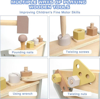 Montessori Wooden Tools Kit Toddler Educational Construction Kids Toys Sets Play Box Preschool Play Tool Wooden Construction Toy （Yellow）