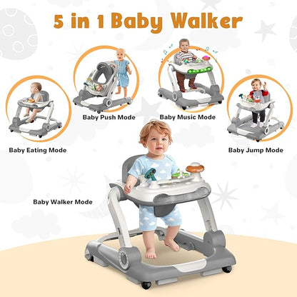5-in-1 Baby Walker with Wheels, Baby Walkers for Boys Girls 6-18 Months, Foldable Adjustable Walker with Bouncer, Feeding Tray, Music & Detachable Footrest(Grey)