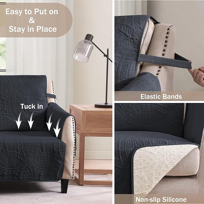 Blue Quilted Recliner Covers, Water-Repellent Recliner Slipcovers, Lazy Boy Chair Covers, Pet Friendly Recliner Cover for Dogs Cats, Washable Furniture Protector (Recliner 22", Blue Gray)