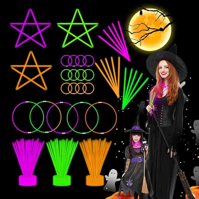75 Halloween Glow Sticks for Halloween Party Favors with Connectors, Purple Orange Green Halloween Glow in the Dark Party Supplies, Halloween Goodie Bag Fillers (Purple+Green+Orange)