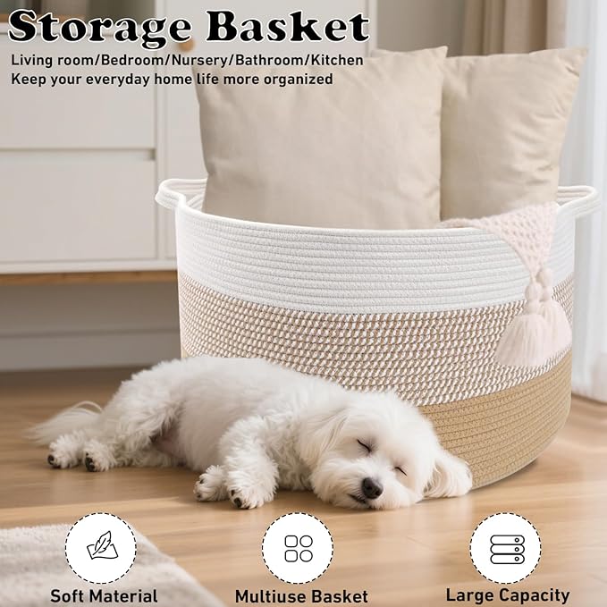 65L Large Blanket Basket, 19.7" L x 19.7" W x 13" H Cotton Rope Woven Storage Basket,Laundry Hamper for Toys, Clothes, Pillows & Towels, Perfect for Living Room, Nursery & Bedroom,Yellow