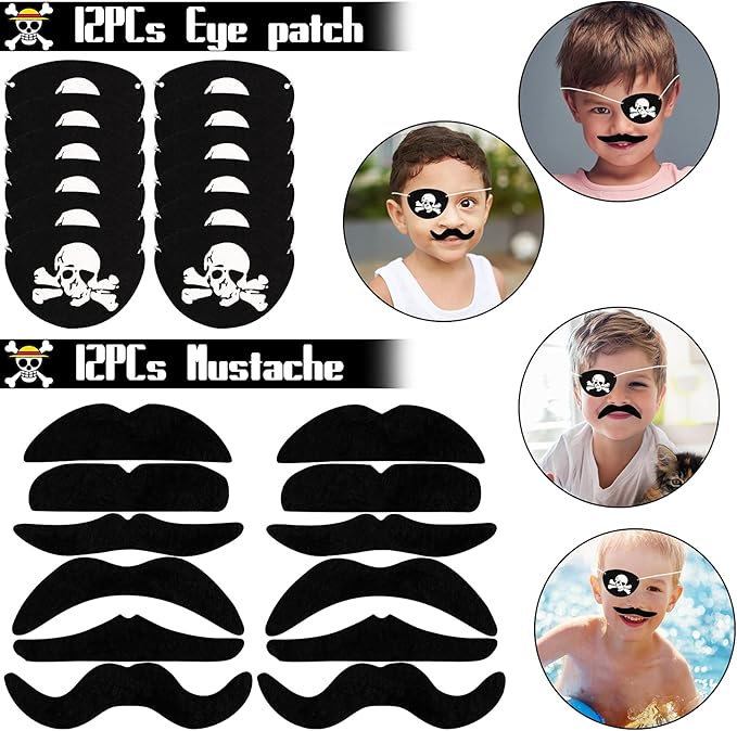 96PCS Pirate Party Favors Supplies Pirate Gold Coins Pirate Gem Pirate Keychain Rings Bracelets Pirate Eye Patch Mustache Tattoos for Birthday Party Goodie Bag Fillers