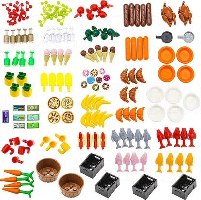 180pcs City-Friends Brick-Food-Pieces -Fruit-Apple-Banana-Pineapple-Cherry Desserts-Ice Cream-Cake-Sweet Cone Picnic--Pizza-Hotdogs-Turkey-Fish-Beer-Money Toys for Extra Bricks