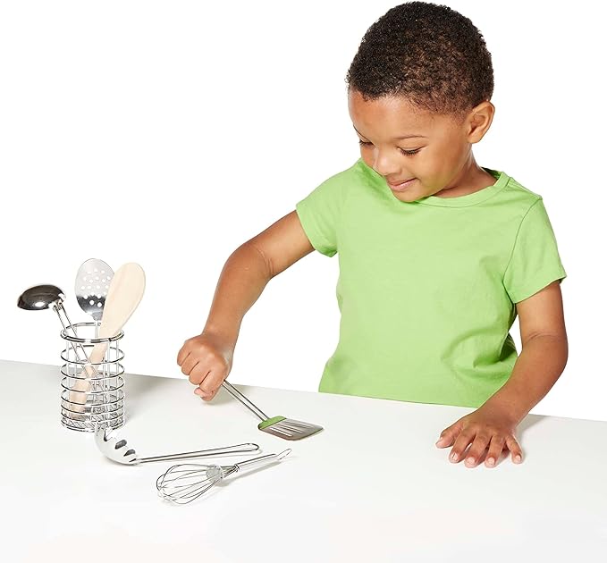 Melissa & Doug Stir and Serve Cooking Utensils (7 pcs) - Stainless Steel and Wood