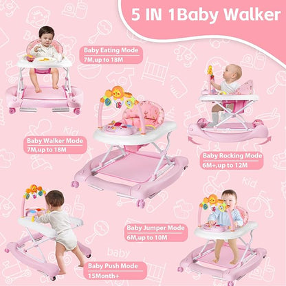 Baby Walker, 5 in 1 Baby Walkers for Boys Girls 6-12 Months, Foldable Walkers for Babies with Bouncer & Feeding Tray, Music, Adjustable Heights, Activity Walker for Infant