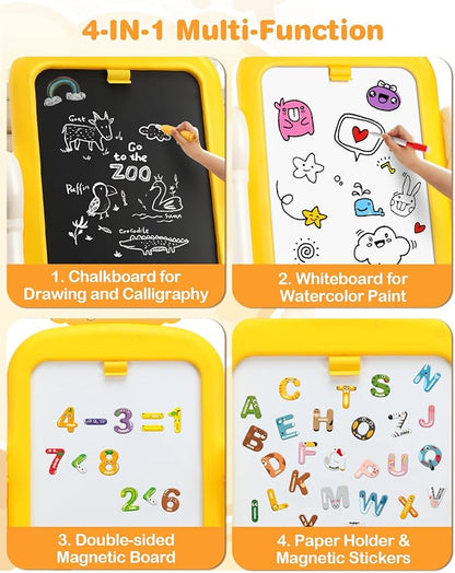 Kids Art Easel for Toddler 3-8, 4 in 1 Standing Rotatable Drawing Board with Painting Accessories, Large Magnetic Child White Board & Chalkboard Learning Educational Toy for Boys Girls Gift with Case