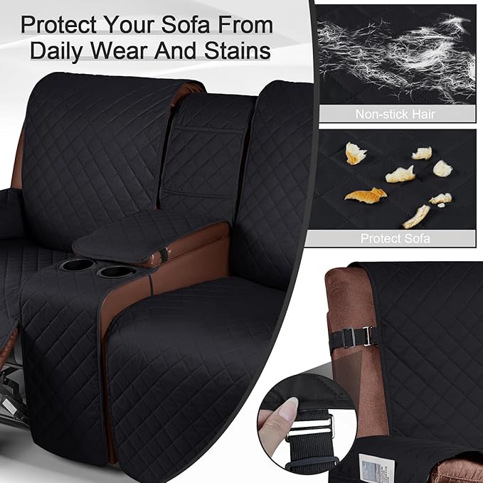 KinCam 100% Waterproof Recliner Loveseat Cover with Console, Non-Slip Reclining Couch Covers for 2 Seat, Recliner Sofa Cover Furniture Protector with Elastic Straps for Kids, Pets, Black