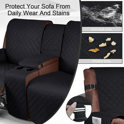 KinCam 100% Waterproof Recliner Loveseat Cover with Console, Non-Slip Reclining Couch Covers for 2 Seat, Recliner Sofa Cover Furniture Protector with Elastic Straps for Kids, Pets, Black