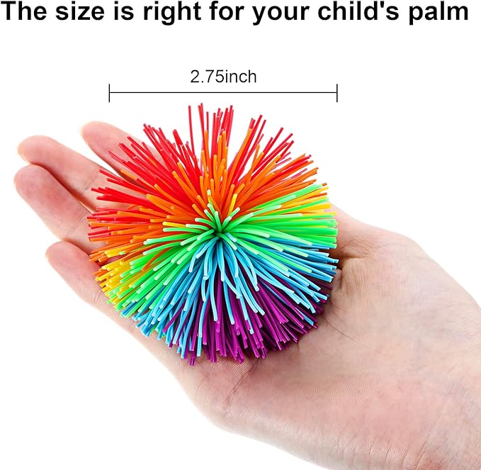 Leinuosen 12 Pieces Stringy Balls Sensory Stringy Ball End of Year Gifts Soft Rainbow Pom Bouncy Stress Bags Basket Stuffers Fillers Party Favors Birthday Gifts, Multicolor (2.75 Inch)