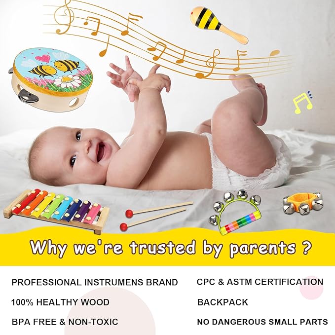 Toddler Musical Instruments for Kids,Baby Musical Toys Preschool Educational Wooden Percussion Instruments Toddler Toys with Bag for Boys and Girls