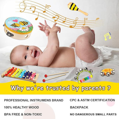 Toddler Musical Instruments for Kids,Baby Musical Toys Preschool Educational Wooden Percussion Instruments Toddler Toys with Bag for Boys and Girls