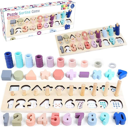 CozyBomB Montessori Educational Wooden Shape & Number Puzzle Blocks - Preschool Learning Toys for Boy & Girl (Macaron)
