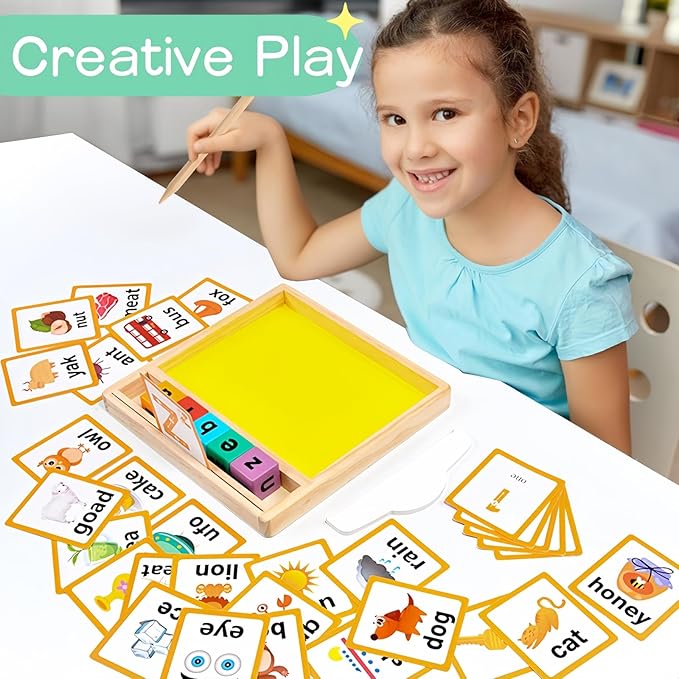 Wooden Sand Writing Tray – Educational Sand Tray for 3 Year Old Kids with Cards, Blocks & Pen – Trace Letters, Numbers & Draw – Perfect Preschool & Classroom Gift.