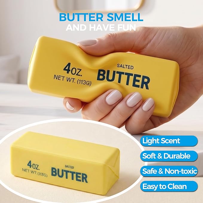 1PC Butter Squishy, Soft Slow Rising Squeeze Toys, Butter Stick Squishy Fidget Toys and Stress Balls Squishies for Office Desk Toys, Party Favors & Birthday Gifts(Yellow)