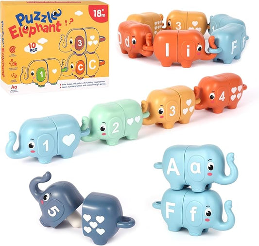 10PCS Elephant Number & Alphabet Learning Toys for Toddlers 2-4, Toddler Preschool Learning Activities, Educational Montessori Toys for 2 Year Old, Double Sided Matching Game 1-10 & A-J