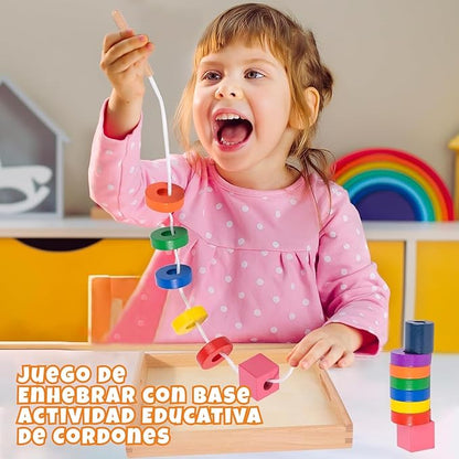 Adena Montessori Wooden Lacing with Tray Stringing Bead Set Toy,Montessori Wooden Beads Shape Sequencing Set for 1 2 3 Year Old Toddler,Fine Motor Skills Preschool Educational Learning for Kids Gifts
