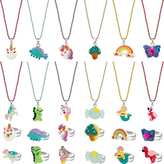 SOTOGO 24 Pieces Girls Necklaces and Rings Set Colorful Gift Party Favors Friendship Pretend Dress up Play Jewelry for Kids Child Toddler, Clever Style