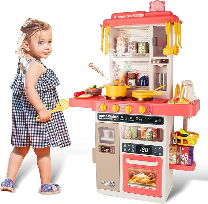 deAO Kids Kitchen Playset 50PCS Play Kitchen Toys Accessories with Sounds Lights, Cooking Stove Steam, Play Sink and Food, Pretend Kitchen Toy Gift for Toddler Aged 2 3 4 5 6 7 8 Years
