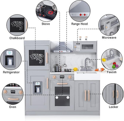Wooden Play Kitchen with Cookware Accessories, Wooden Chef Pretend Play Set with, Wooden Cookware Pretend with Microwave, Oven, Sink, Real Lights & Sounds, Grey (201GA)