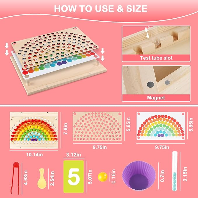 INIFEIDALA Montessori Toddler Learning Sorting Toys for 3-6 Year Olds - Rainbow Stacking, Number & Bead Matching Games with Wooden Peg Board, Develop Fine Motor Skills, Color & Math Skills