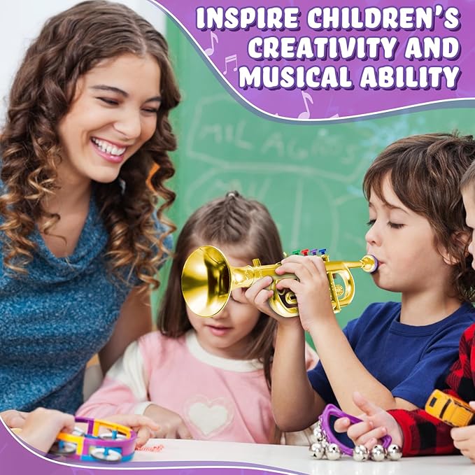 Lewtemi Gold Trumpet Musical Instruments Toy for Kid Toddler Fake Plastic Preschool Music Toy Gift Non-Professional Wind Instrument Early Educational Teaching Songs Gifts for Toddlers Children