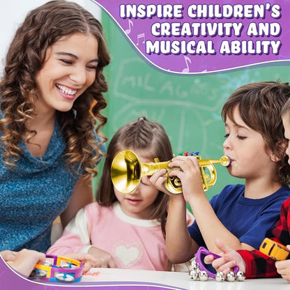 Lewtemi Gold Trumpet Musical Instruments Toy for Kid Toddler Fake Plastic Preschool Music Toy Gift Non-Professional Wind Instrument Early Educational Teaching Songs Gifts for Toddlers Children