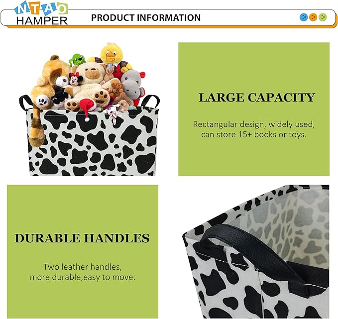 NTAOHAMPER Rectangular Cow Storage Basket, Waterproof Cowprint Box with Handles, Room Decor, Gift Basket for Cow Lovers, Collapsible Storage Bin