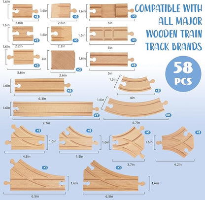 Wooden Train Tracks 58 Piece Set, Track Expansion and 9 Distinct Pieces - 100% Compatible with All Major Brands Including Thomas Wooden Railway System