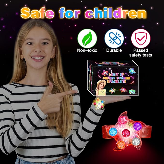 28 Pack LED Light Up Fidget Spinner Bracelets, Party Favors for Kids 4-8 8-12 Glow in The Dark Party Supplies Treasure Box Toys for Class Birthday Gifts Xmas Stocking Stuffers for Teens Goodie Bags