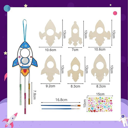Fennoral 12 Pack Wind Chime Kit for Kids Make Your Own Rockets Wind Chime Craft Wooden Arts and Crafts for Girls Boys DIY Coloring Rockets for Art Activity Birthday Party Decoration