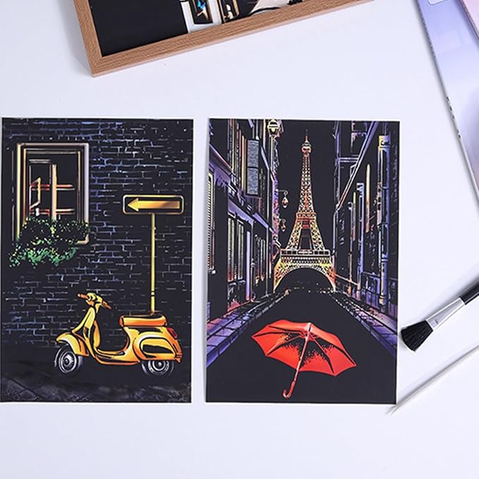 Georgie Porgy Scratch Paper Art Set for Kids Adults Magic Rainbow Scratchboards for DIY Arts and Crafts Kits Christmas Birthday Gift with Scratching Tools Kit (A3+A4-Van Gogh + Street Corner)