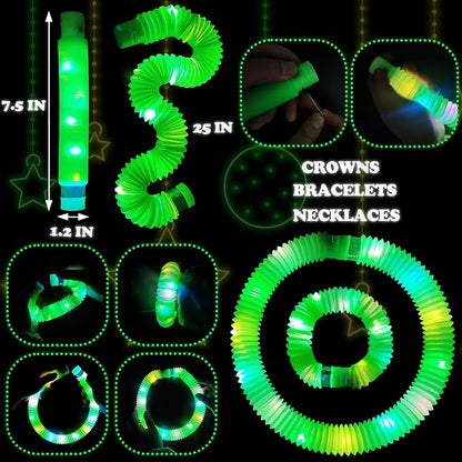 12 PCS LED Light up Pop Tubes for Toddlers, Green Glow Sticks St Patricks Day Party Favors for Kids, Neon Necklaces Bracelets Accessories, Glow Birthday Dance Wedding Mardi Gras Party Supplies