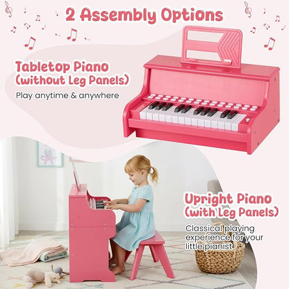 HONEY JOY Wooden Kids Piano, 25 Lighted Keys Kids Keyboard Piano w/Music Stand, Bench, Early Learning Educational Musical Instrument, Baby Music Toy for 3+ Years Old Toddlers Boys Girls (Pink)