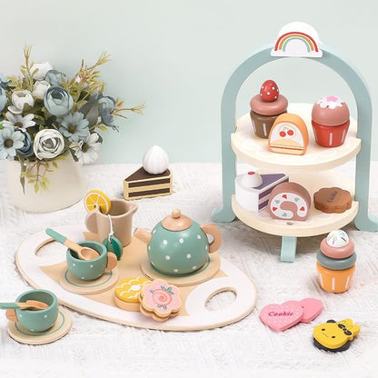 Atoylink Wooden Tea Party Set for Little Girls 28 Pcs Toddler Tea Set with Cupcake Stand & Food Pretend Play Accessories Kids Kitchen Playset Wooden Toys for 2 3 4 5 6 Year Old Girl Birthday Gift