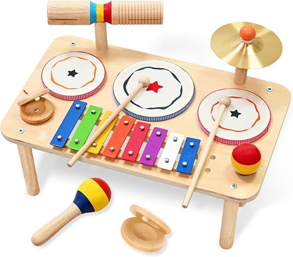 WINYGZ 9-in-1 Baby Drum Set, Low Noise Montessori Musical Instruments for Toddlers 1-3, Safe & Durable Wooden Music Toys for Quiet Sensory Play at Home, Great Birthday for Boys Girls