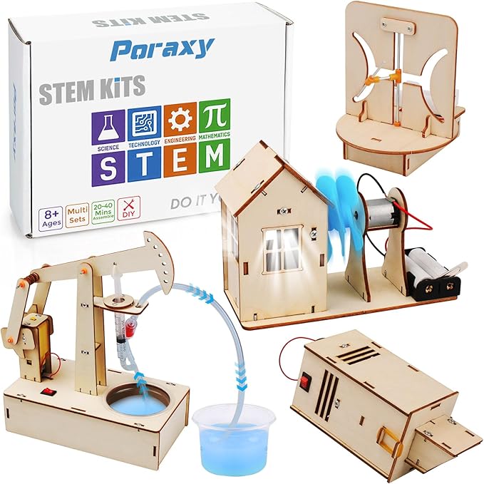 Poraxy 4 Set STEM Kits for Kids Ages 8-10, Science Experiment Projects Building Kits, Wooden 3D Puzzles, Educational Building Toys for Ages 8-12-13, Gifts for 8,9,10,11,12 13 Year Old Boys and Girls