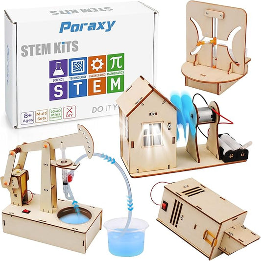 Poraxy 4 Set STEM Kits for Kids Ages 8-10, Science Experiment Projects Building Kits, Wooden 3D Puzzles, Educational Building Toys for Ages 8-12-13, Gifts for 8,9,10,11,12 13 Year Old Boys and Girls